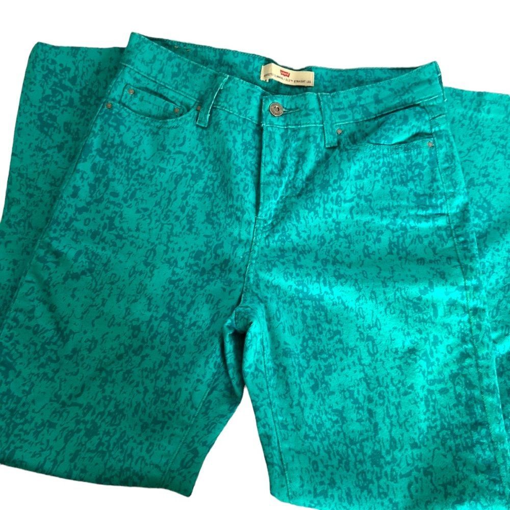 LEVIS 512 perfectly slimming straight leg cigarette skinny print splatter aqua